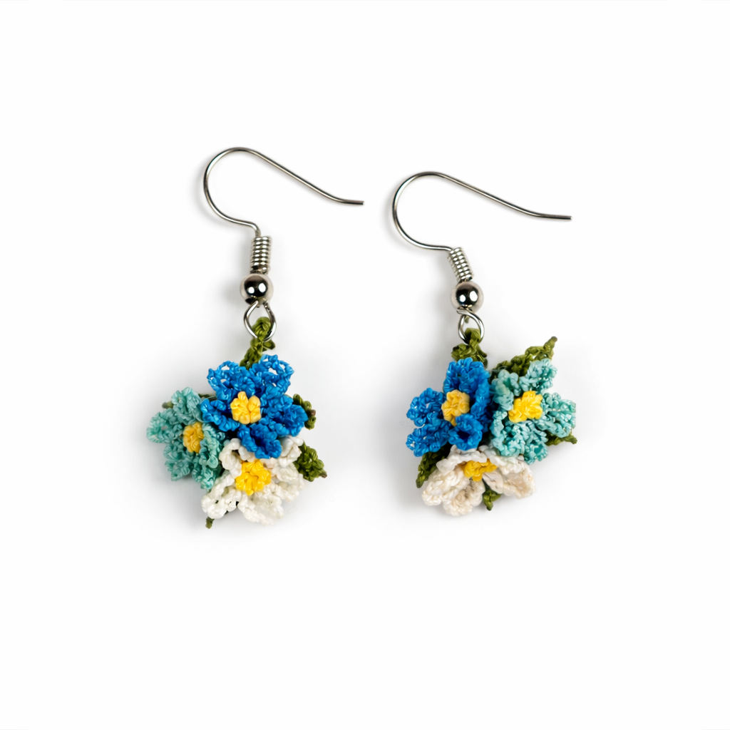 Triple Flower Earrings & Ring (Blue/White)