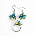 Triple Flower Earrings & Ring (Blue/White)